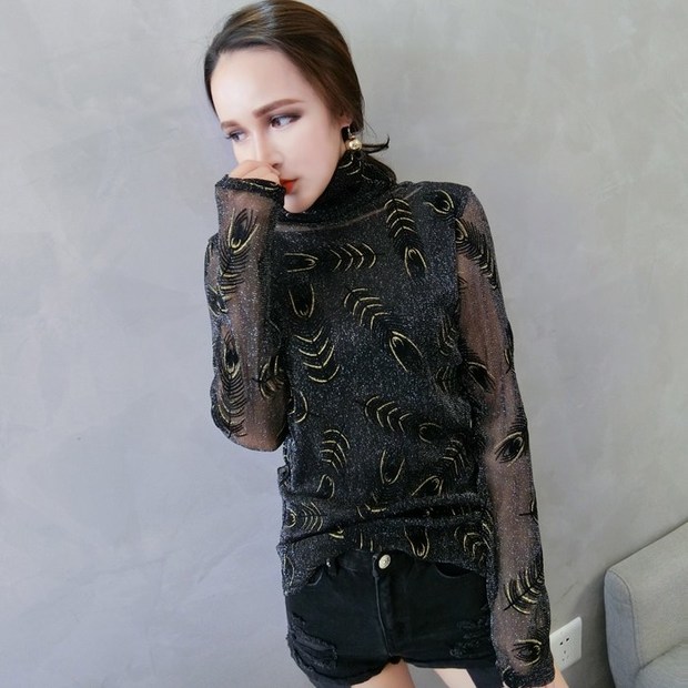 Feather Turtle Neck See-through Gauze T Shirt Design