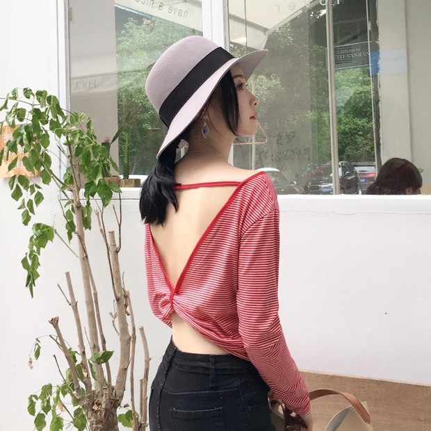 Backless Bow Stripe Long Sleeve Sexy Tee