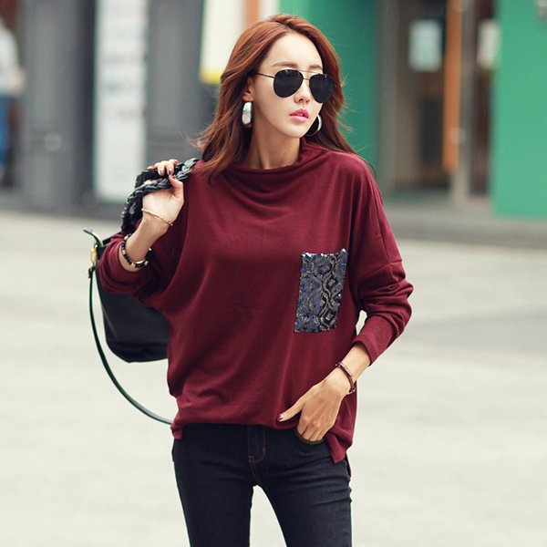 Bat Sleeve Pocket Sequins Tee Shirt